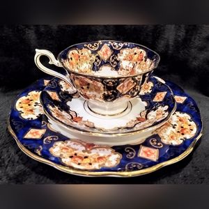 Royal Albert 3 Piece Tea Set England Heirloom Deep Blue, White, Gold & Cinnamon